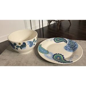 1-Set Royal Norfolk Blue Paisley & Floral Stoneware Bowl & Plate